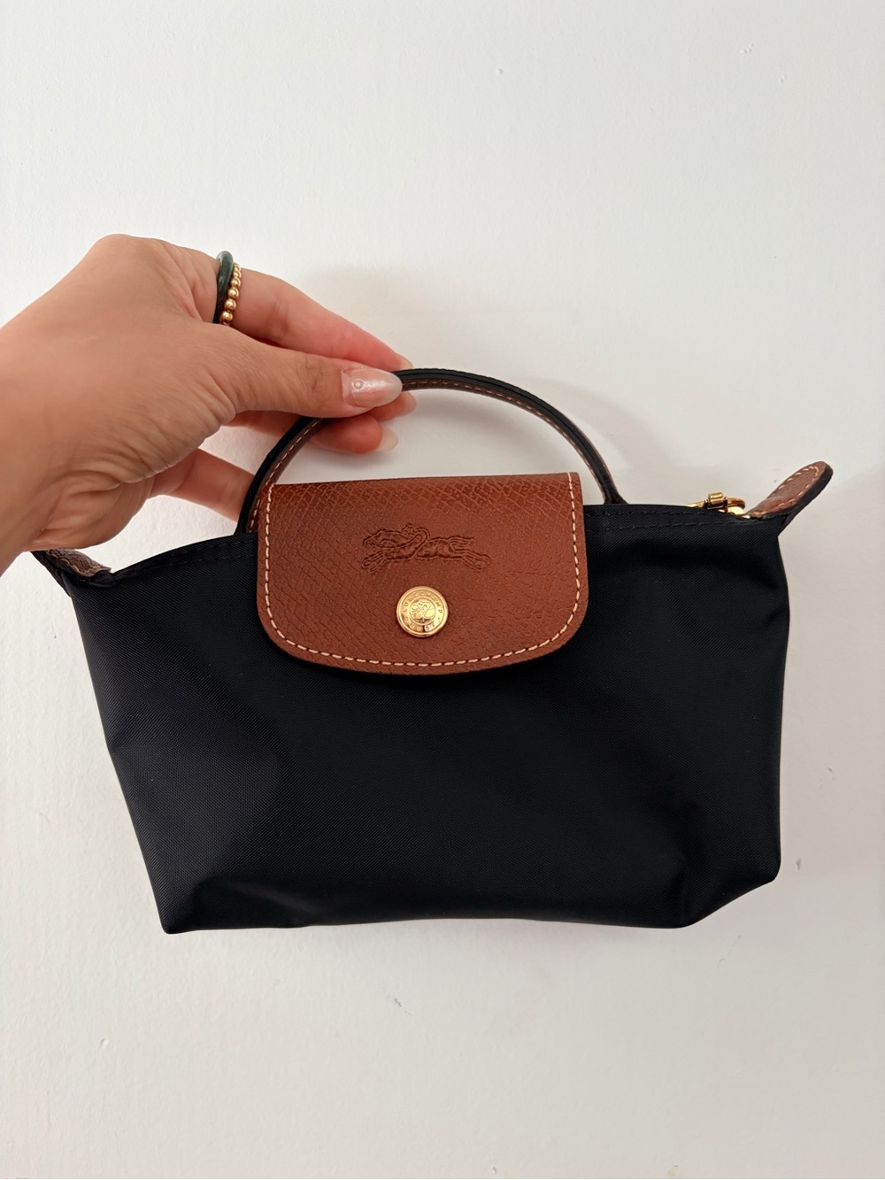 Longchamp Black Nylon Mini Top-Handle Bag with Brown Trim